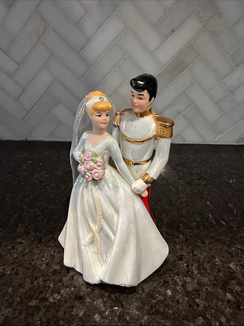 Disney cinderella Prince Charming Wedding Ceramic Figurine Groom Bride 5.5” tall